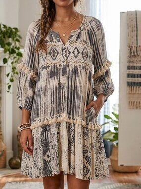 Z&L Boho Hippie chick fringe sequin 1/4 button down balloon sleeve dress sz S